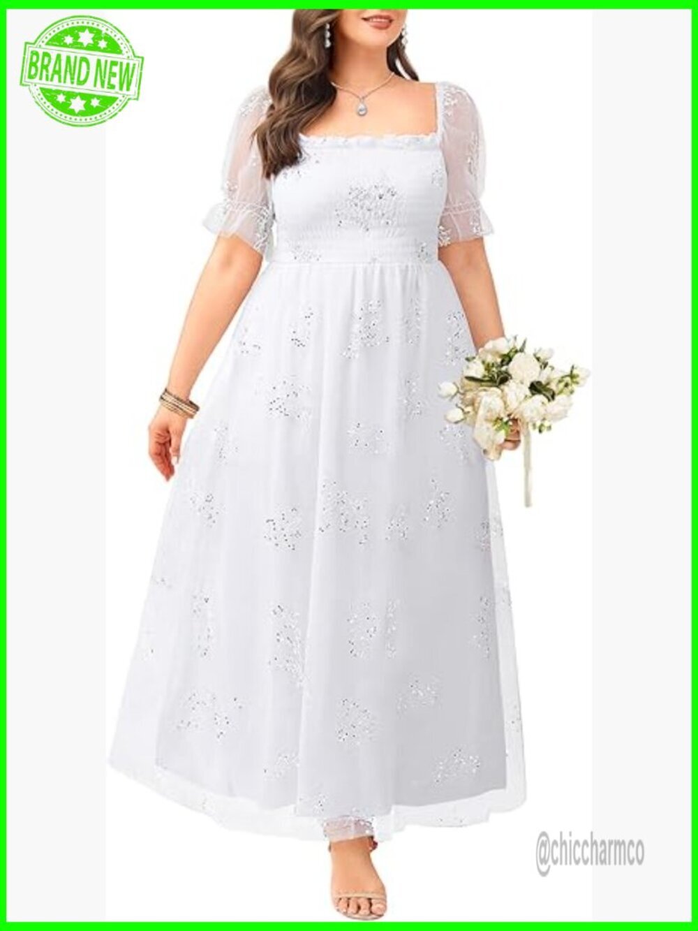 Plus Size Formal Tulle Dress with Sequin Floral Embroidery A-Line Maxi